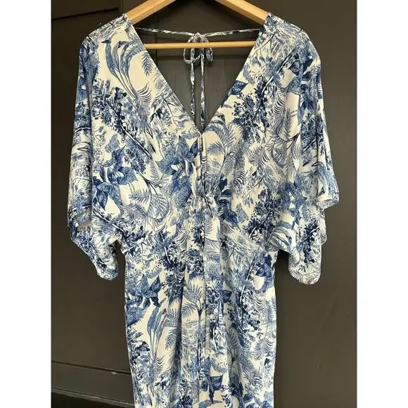 Baltic Born Byron Blue White Tropical Resort Wear Wide Leg Tie Front Jumpsuit XL - Picture 4 of 14